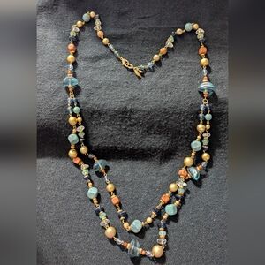 LC Lauren Conrad Gold Tone Blue Brown Clear Beaded Layered Statement Necklace